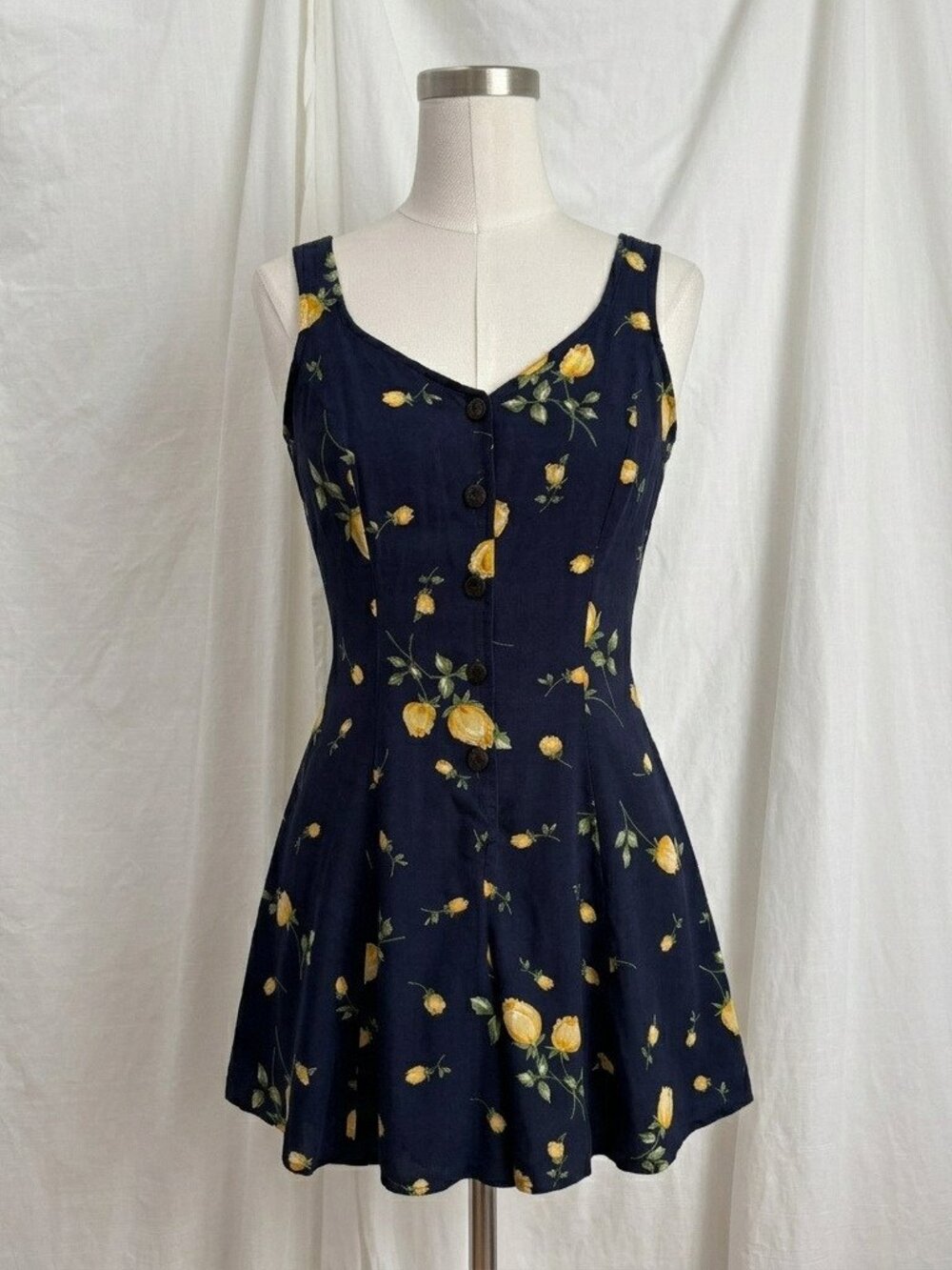 Vtg 90s Blue Yellow Floral Romper Sleeveless M Rayon Cottagecore Lace Up Boho